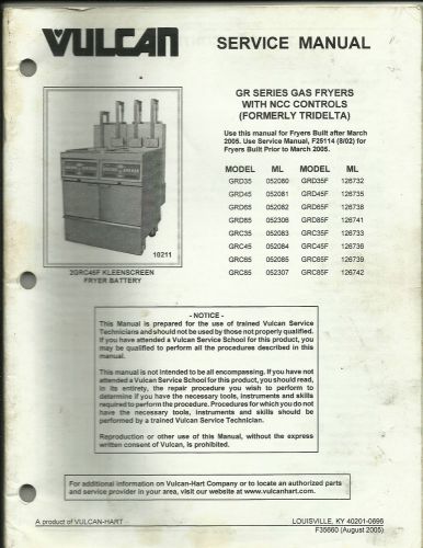 Original Service Manual Vulcan Gas Fryer GR Series Many Models Listed