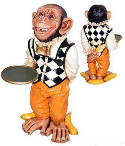 Monkey butler ape statue w gold serving tray 2&#039; tall w suit bow tie bar kitchen for sale