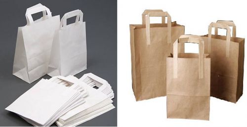 Paper Carrier Bags White Brown SOS Kraft Takeaway Party Lunch Food Flat Handles