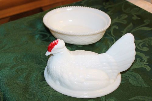 White Milk glass hen chicken on nest basket candy dish lid - DDA
