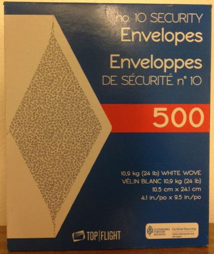 500 #10 Security Business Envelopes White,  4-1/8&#034;x9-1/2&#034; Gummed Seal Top Flight
