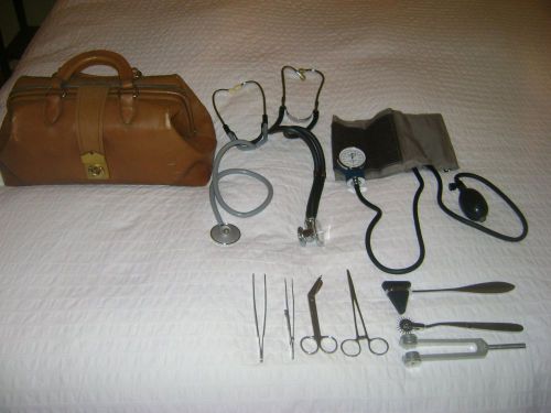 Medical instruments &amp; vintage brown leather bag for sale