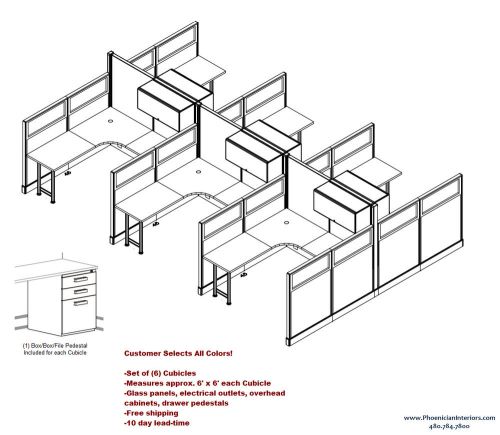 SET OF 6 OFFICE CUBICLES SYSTEMS WORKSTATIONS with Glass Panels and Cabinets