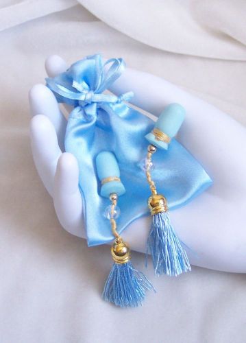 Silky pale blue &amp; gold tassels iridescent beads sound reduction ear plugs &amp; bag for sale