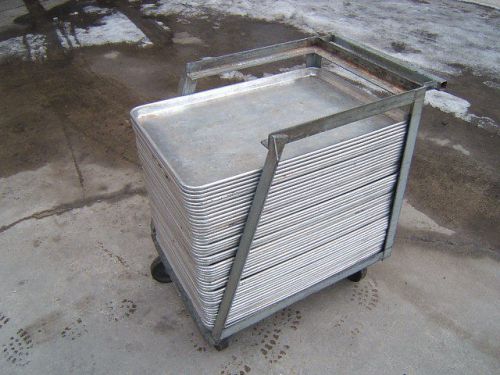 Lot of 50 Aluminum Bun / Sheet Pans Full Size 26&#034; x 18&#034; w/ transfer cart Baking
