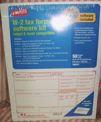 50 Staples 6-Part W-2 Tax Forms Software CD New &amp; Sealed Pack Of 50 Inkjet/Laser