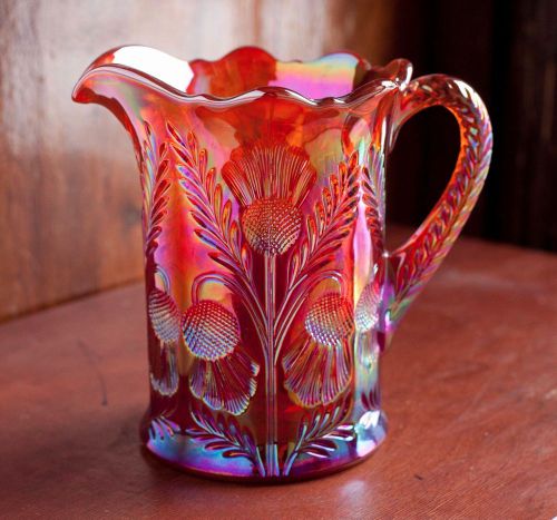 Beautiful Marigold Carnival Glass Inverted Thistle Water Beverage Pitcher ~ EUC