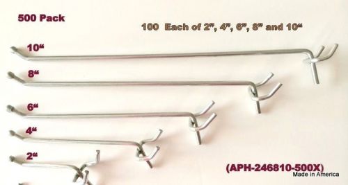 (500 Pack)  Assorted Metal Hooks100 Each of 10, 8, 6, 4, 2&#034; Pegboard or Slatwall