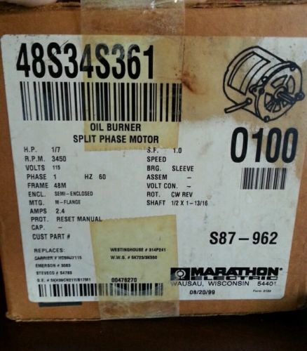 Marathon oil burner motor 48s34s361 - 02424698700 3450 rpm - 1/7 hp split phase for sale