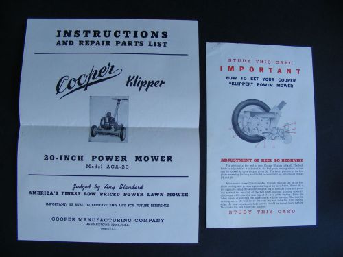 Vintage Cooper Klipper 20&#034; Power Mower Instruction Manual &amp; Card