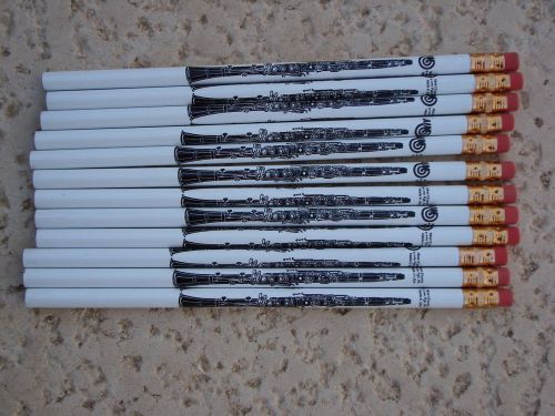 1 Dz CLARINET Music Pencils 7.5&#034; White with Black Clarinets Great MUSIC Gift NEW