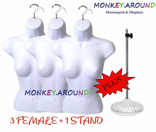 3 Female Mannequin White Torso Form +1 Stand +3 Hooks Display Shirt Dress Pants