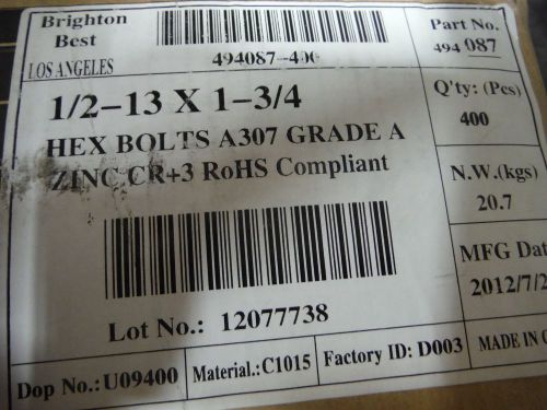 1/2-13 X 1-3/4 grade 2 hex bolt (400pcs) zinc