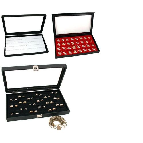 72 Ring 45 Earring 32 Charm &amp; Plastic Sizer Jewelry Box Displays Case Kit 7 Pcs
