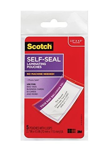 3M Scotch Self-Sealing Laminating Pouches, Bag Tags with Loops, Glossy, 5
