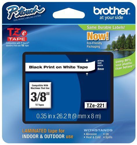 Brother P-touch ~3/8&#034; 0.35&#034; Black on White Standard Laminated Tape - 26.2 ft. 8m