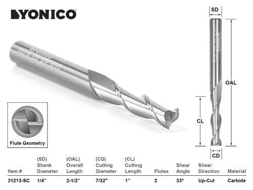 Yonico 31213-SC CNC Router Bit Up Cut Solid Carbide with 7/32-Inch X 1-Inch X