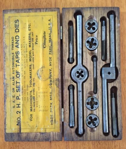 Vtg hyde park 12 pc automobile thread tap &amp; die set complete in wooden box sae for sale