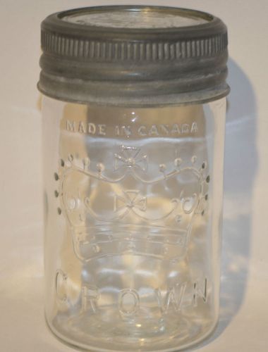 Vintage 1948 Crown Pint Mason Clear Glass Jar Made in Canada with Glass Cover