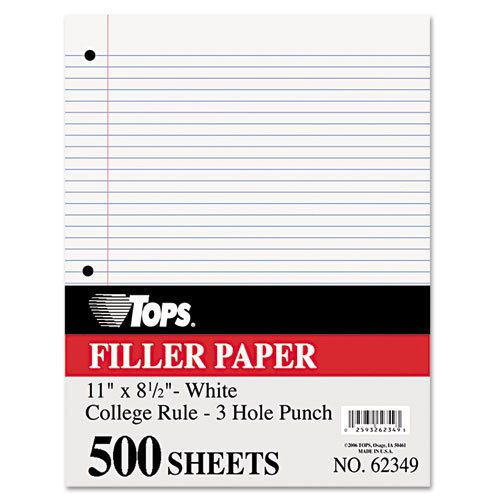 Filler Paper, 16-lb., 11 x 8-1/2, College Rule, White, 500 Sheets/Pack