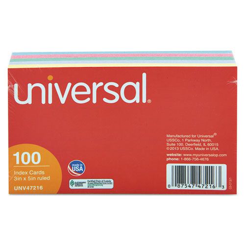 Index Cards, 3 x 5, Blue/Violet/Green/Cherry/Canary, 100/Pack