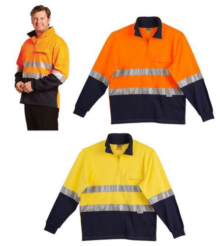 MENS HI-VIS TWO TONE COTTON FLEECY FLURO JUMPER HIGH VISIBILITY WORK WEAR 3M TOP