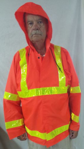 Nasco rain jacket  with hood bright orange w/ fluorescent yellow str size large for sale