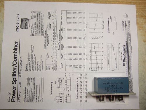 Mini-Circuits ZSC-2-1-75 .25-300 MHz Splitter/Combiner 75 Ohm BNC, Used.
