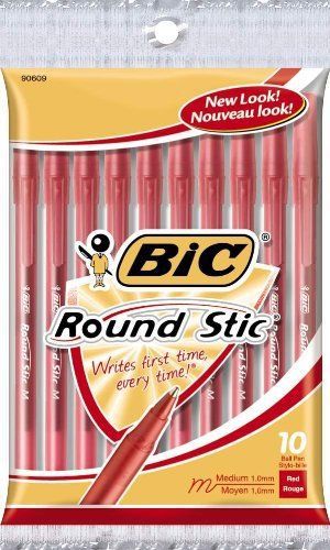 BIC Round Stic Ball Pen, Medium Point, Red, 10 Pens (GSMP101)