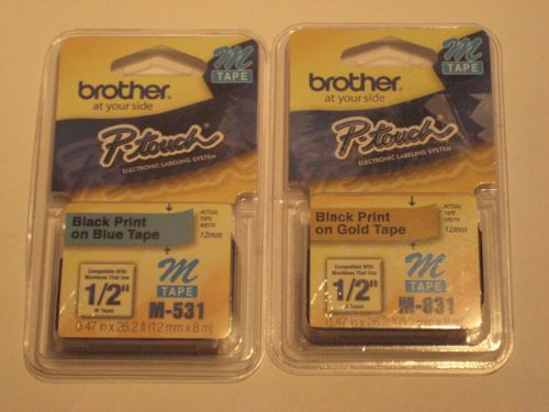 Lot of 2 NEW Brother PTouch Label Tape 1/2&#034; Black/ Gold &amp; Blue M-831 &amp; M-531