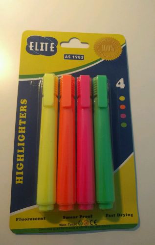 4 Pack Elite Highlighters; Green, Pink, Orange, Yellow