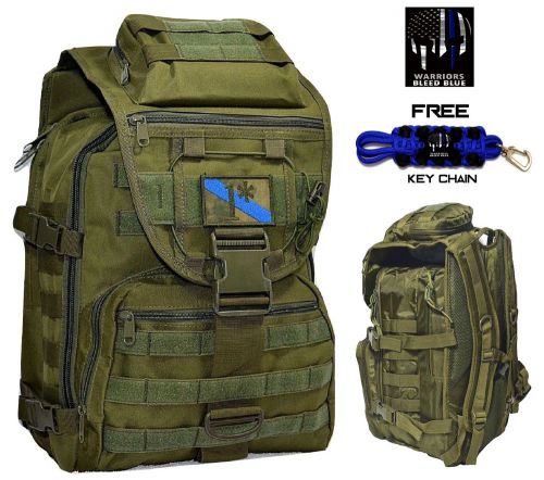 Thin Blue Line 1* Tactical Backpack On/Off Duty Patrol Bag in OD +FREE Key Chain