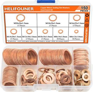 Copper Washers, 150PCS 8 Sizes Copper Metric Sealing Washers Flat Kit New