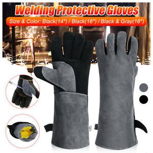 Safe Electric Welding Gloves Long Heat Heavy Duty Protective Leather Gear  +-