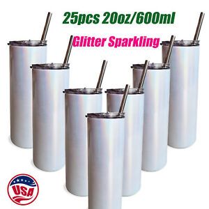25pcs 20oz Sublimation Skinny Tumblers Glitter Sparkling water Bottle with Straw