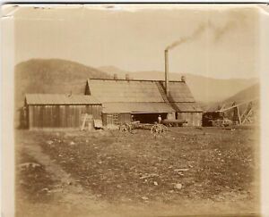 Vintage Sepia Photograph Farm Barn Wagon, Smokestack