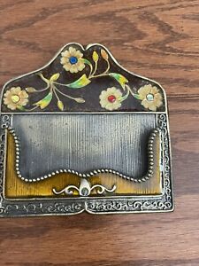 Enameled Flower Metal Desk Business Card Holder EUC ~4.5x4.5”