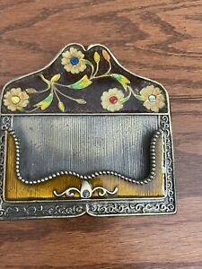 Enameled Flower Metal Desk Business Card Holder EUC ~4.5x4.5”