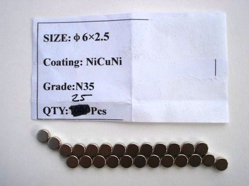 25 Neodymium Magnets (NdFeB) Grade N35 measuring 6 mm by 2.5 mm
