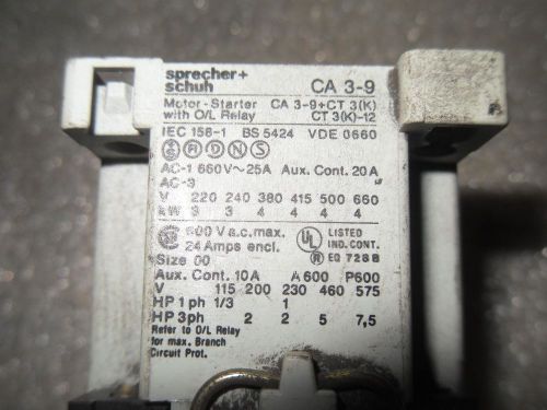 (X12) 1 USED SPRECHER &amp; SCHUH CA 3-9 CONTACTOR W/ CA 3-P CONTACT BLOCK