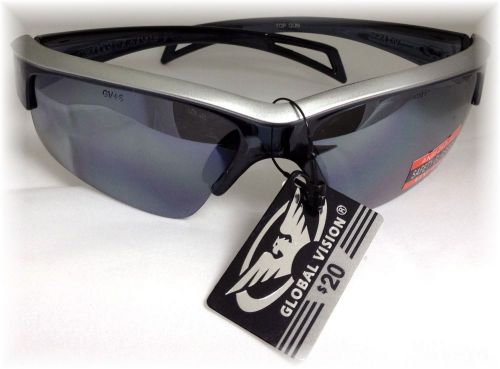Global Top Gun Safety Glasses Grey Silver Frame Flash Mirror Lens 2-Tone Frame