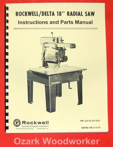 Rockwell-delta 18&#034; radial arm saw operator&#039;s &amp; parts manual 0640 for sale