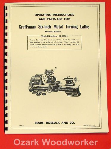 Craftsman/atlas 6&#034; metal lathe 101.07301 owner&#039;s manual ~revised 0189 for sale