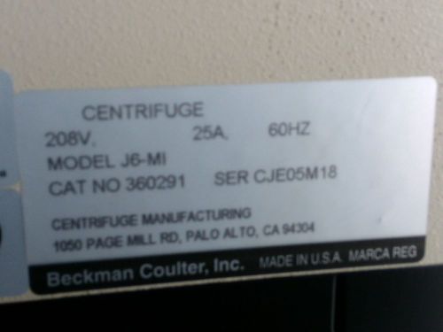 Beckman Coulter J6-MI Centrifuge without Rotors