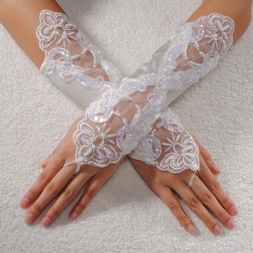 Sexy bride wedding party fingerless pearl lace satin bridal gloves fancy,beige g for sale