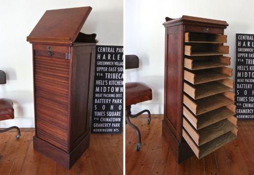 Antique 9 drawer walnut tambour filing lockable cabinet, with flip top lectern for sale