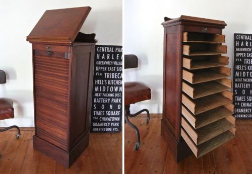 Antique 9 Drawer Walnut Tambour Filing Lockable Cabinet, with Flip Top Lectern