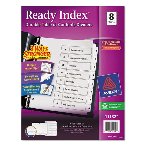 8 TAB TABLE OF CONTENTS READY INDEX WHITE REFERENCE DIVIDERS AVERY 11132