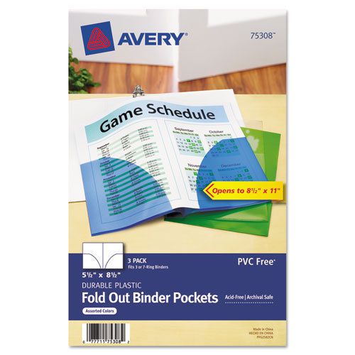 Small Binder Pockets, Fold-Out, 5-1/2 x 8-1/2, Assorted, 3/Pack