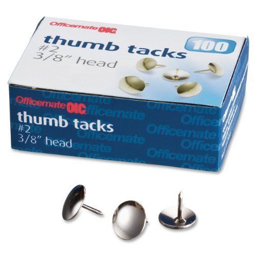 Officemate Steel Thumb Tacks, 3/8 Inch Head, Silver, Box of 100 (92912) New